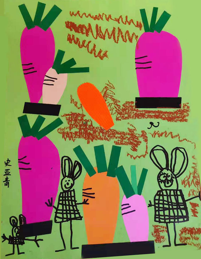 史亚青的画：小兔子拔萝卜